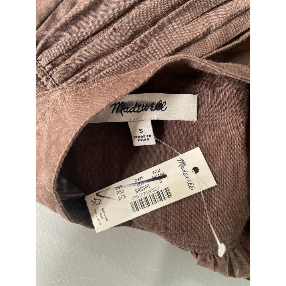 NWT Madewell Balloon Puff Sleeve Top Pleated Button Front Small‎ Brown NU464